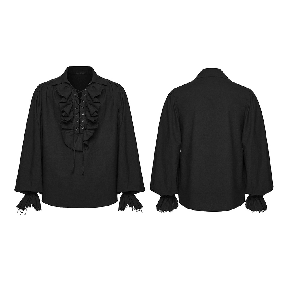 Black Ruffle Lace Up Gothic Poet Shirt for Men with dramatic ruffles and bubble sleeves in sleek black.