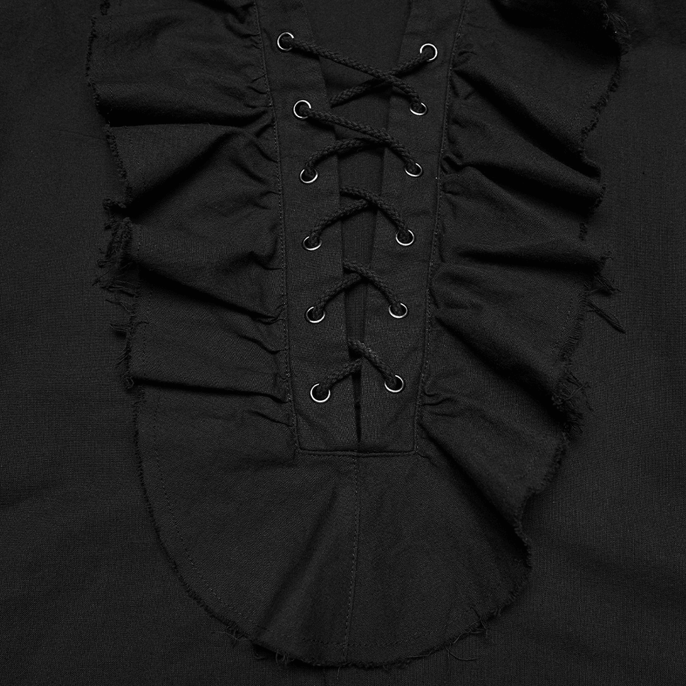 Black Ruffle Lace Up Gothic Poet Shirt for Men - close-up of lace-up front and ruffled detail on black fabric.