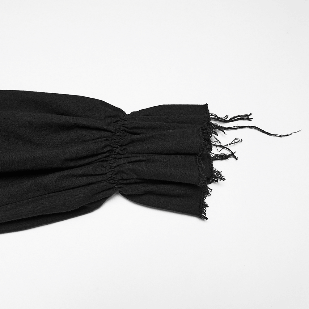 Detail of the sleeve of a Black Ruffle Lace Up Gothic Poet Shirt for Men showcasing its ruffled design.