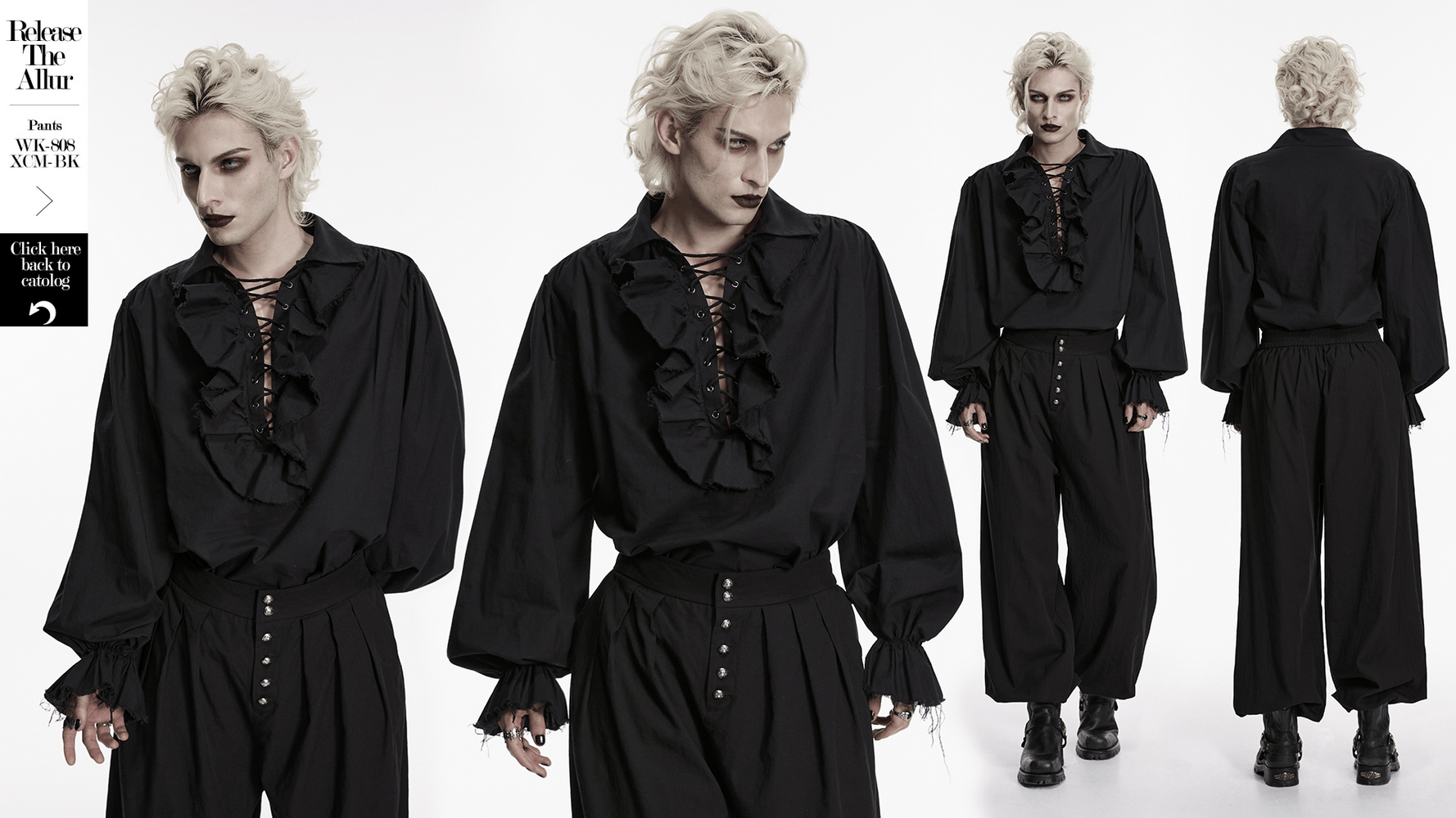 Black Ruffle Lace Up Gothic Poet Shirt for Men on a model showcasing its dramatic design and ruffles.