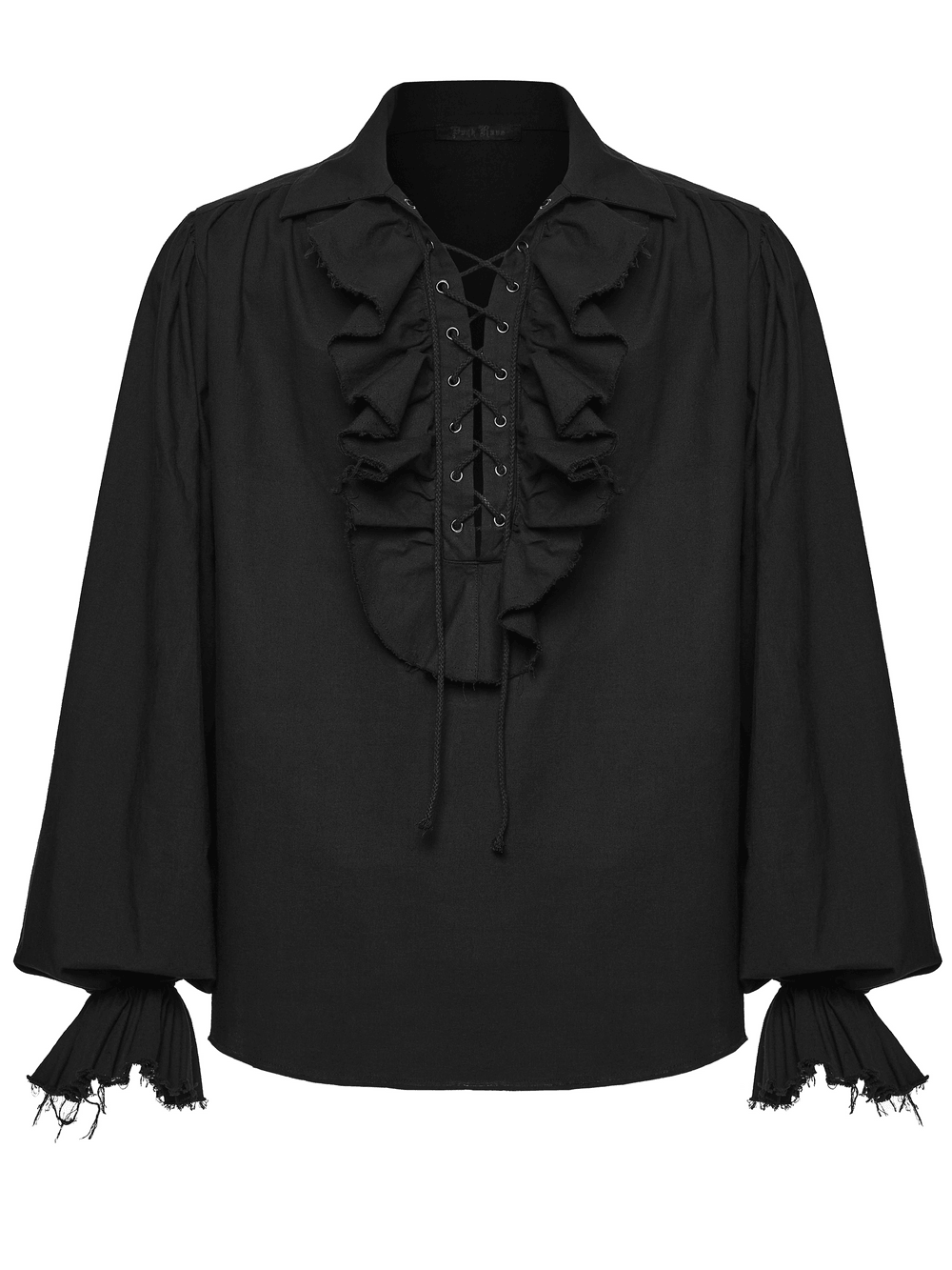Black Ruffle Lace Up Gothic Poet Shirt for Men featuring ruffles and bubble sleeves.