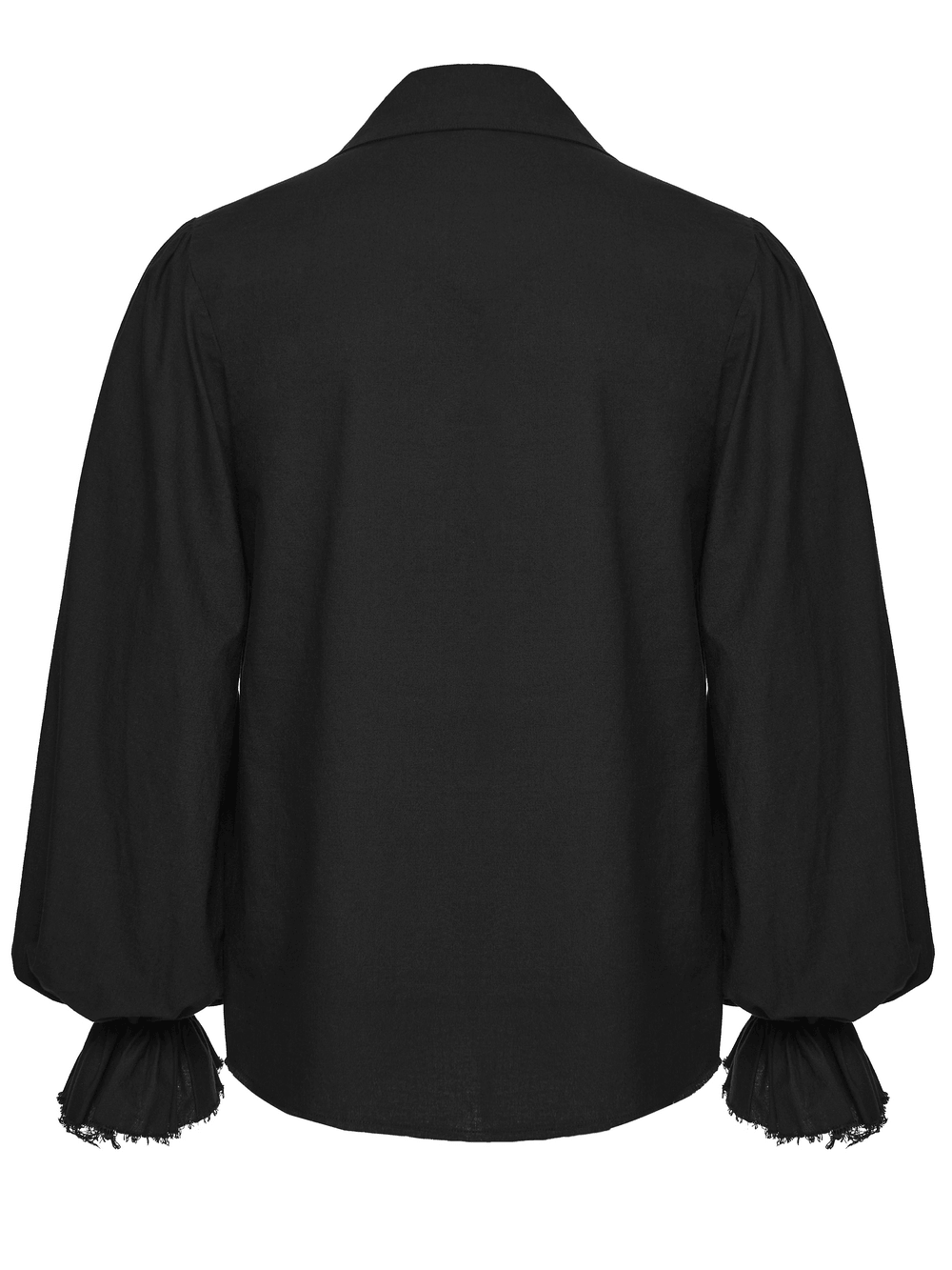 Black Ruffle Lace Up Gothic Poet Shirt for Men back view showcasing bubble sleeves and ruffled details.