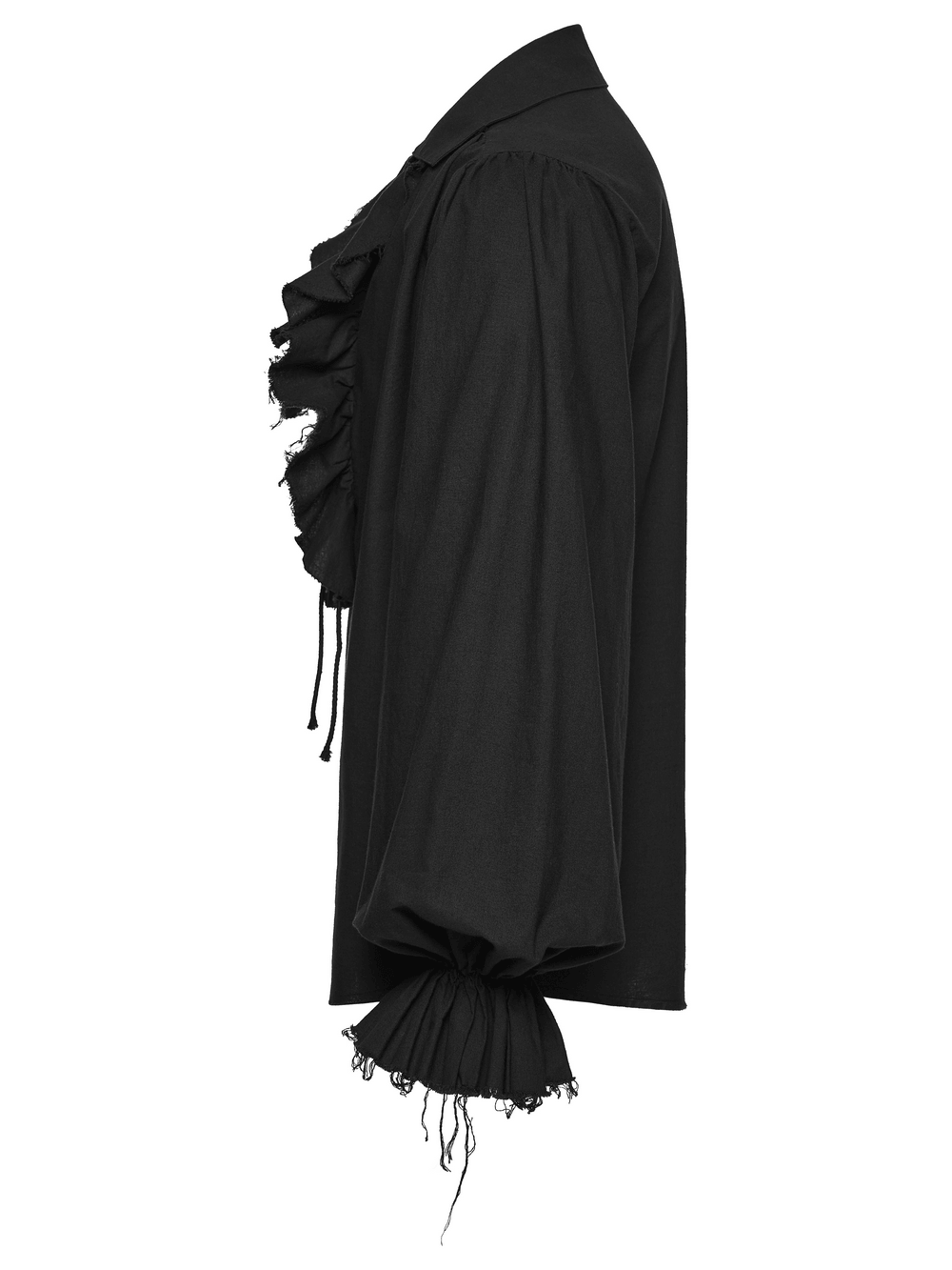 Black Ruffle Lace Up Gothic Poet Shirt for Men showcasing side profile with dramatic ruffles and bubble sleeves.