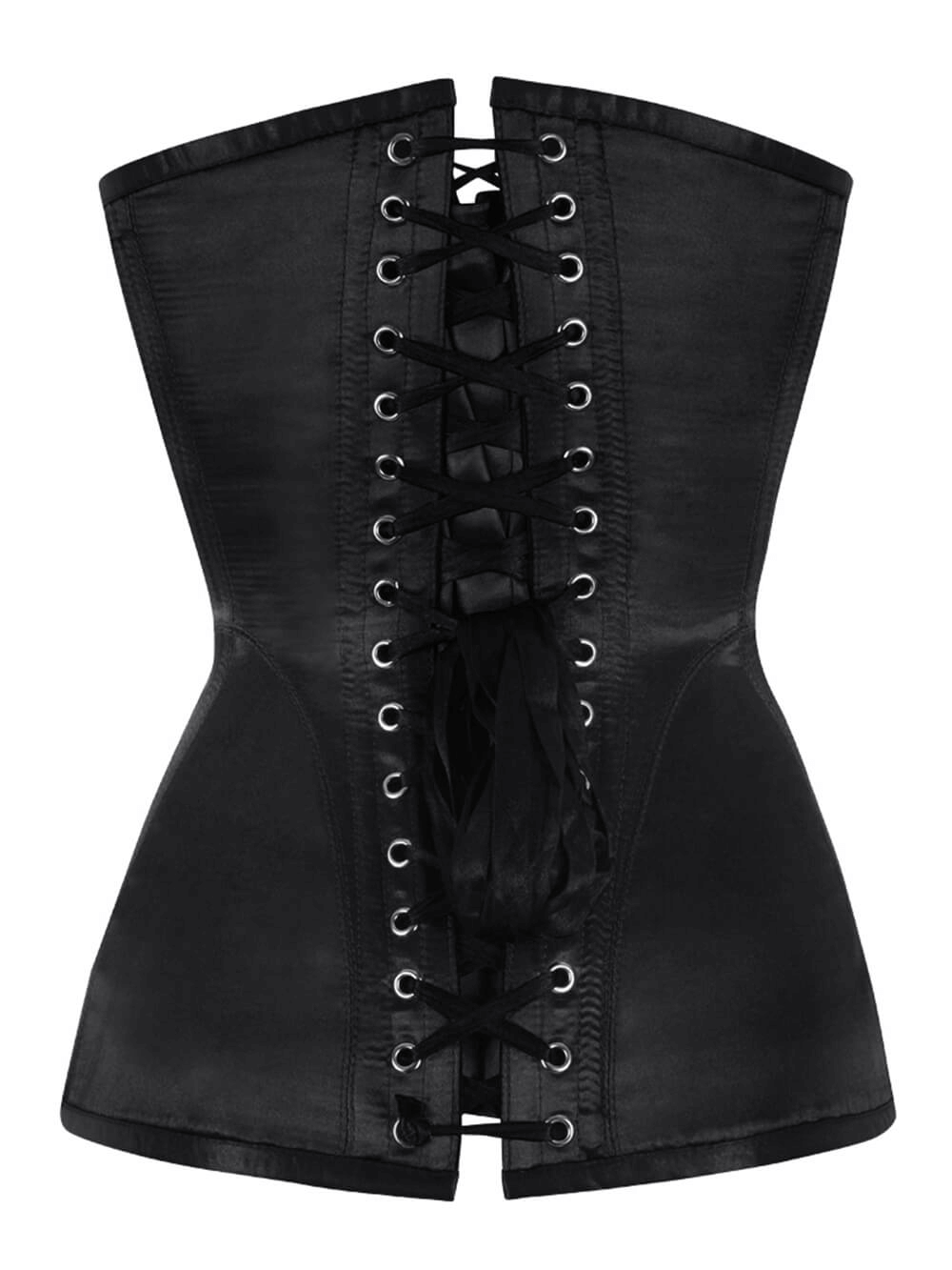 Elegant black satin overbust corset with spiral steel boning and lace-up back for adjustable fit.