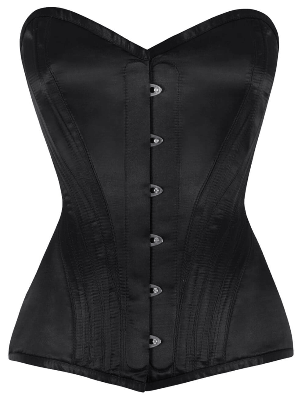 Sleek black satin overbust corset featuring metal busk and spiral steel boning for a stunning silhouette.