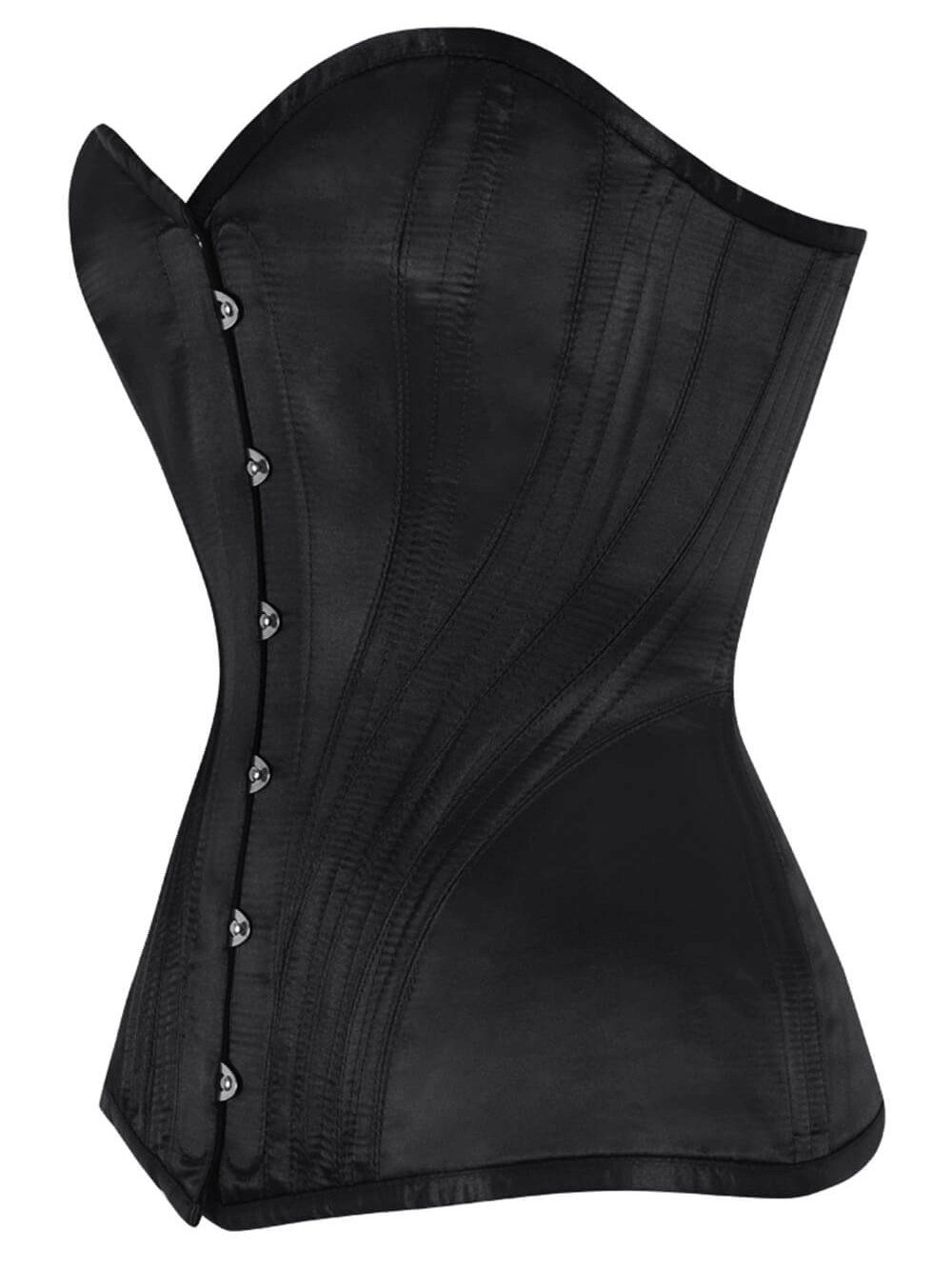 Black satin overbust corset featuring spiral steel boning and metal busk, designed for a flattering fit.