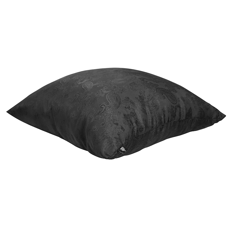 Stylish black satin pillow with gothic vintage pattern, perfect for elegant home decor.