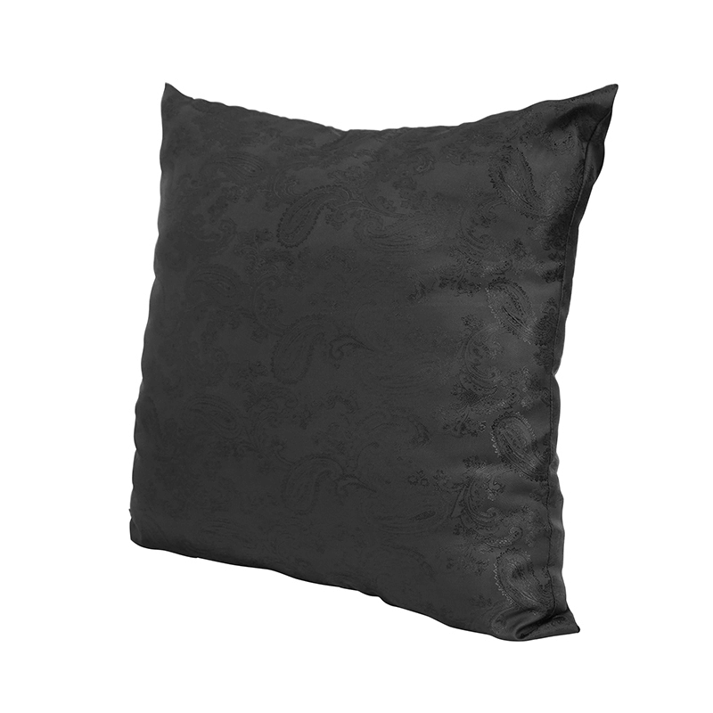 Black satin pillow with gothic pattern, perfect vintage decor accessory for stylish home interiors.