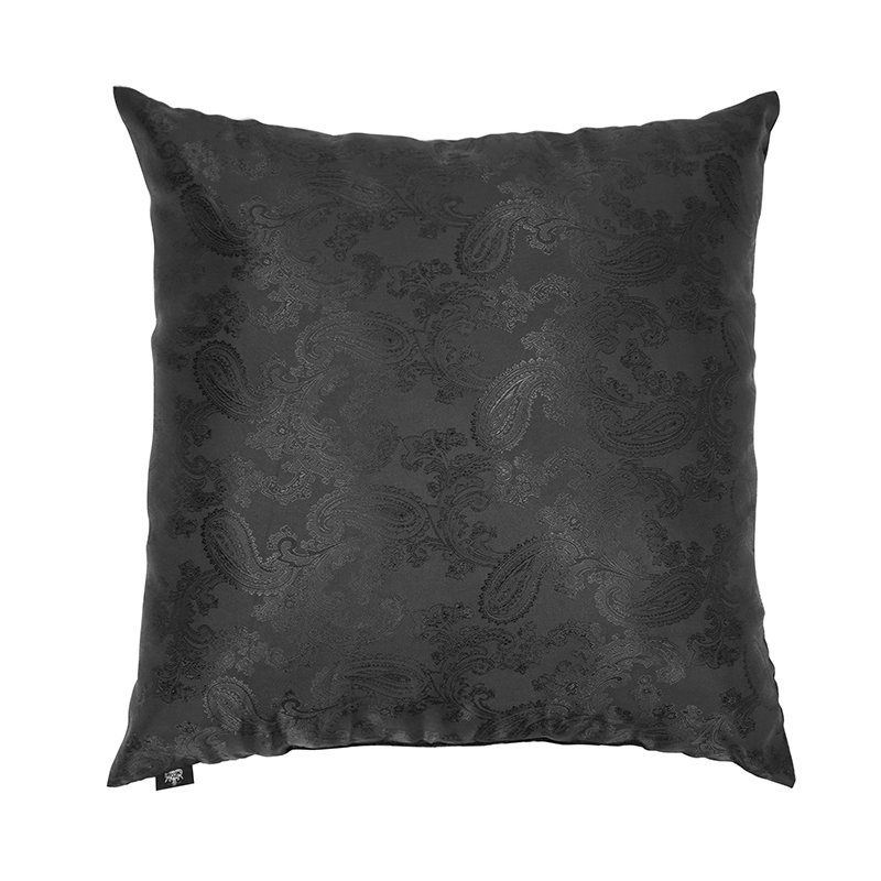 Black satin pillow with vintage gothic pattern for stylish home decor, adding elegance and softness to any room.
