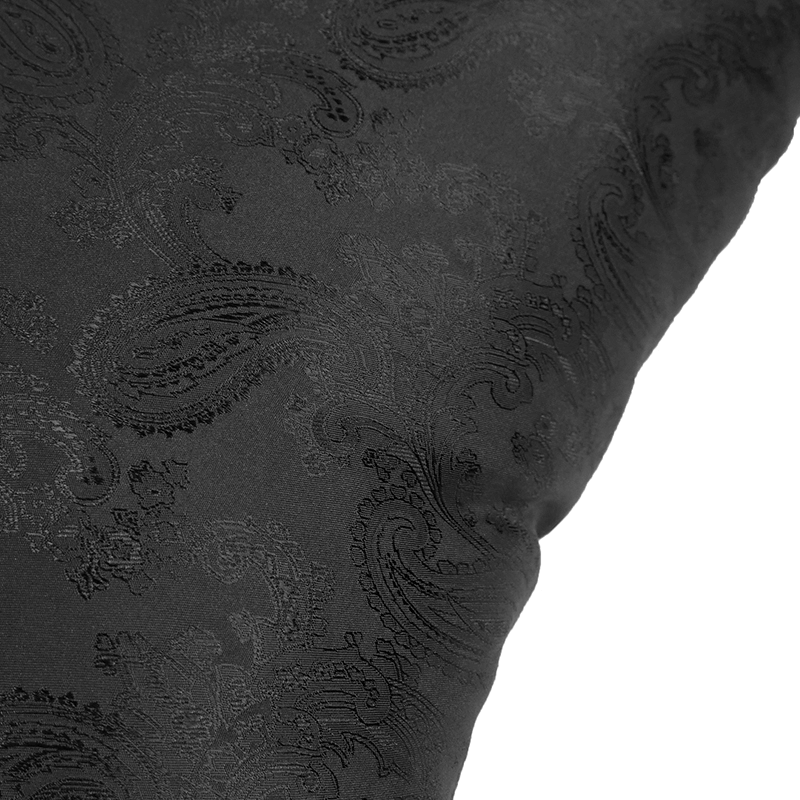 Elegant black satin pillow featuring an intricate gothic vintage pattern, perfect for stylish home decor.