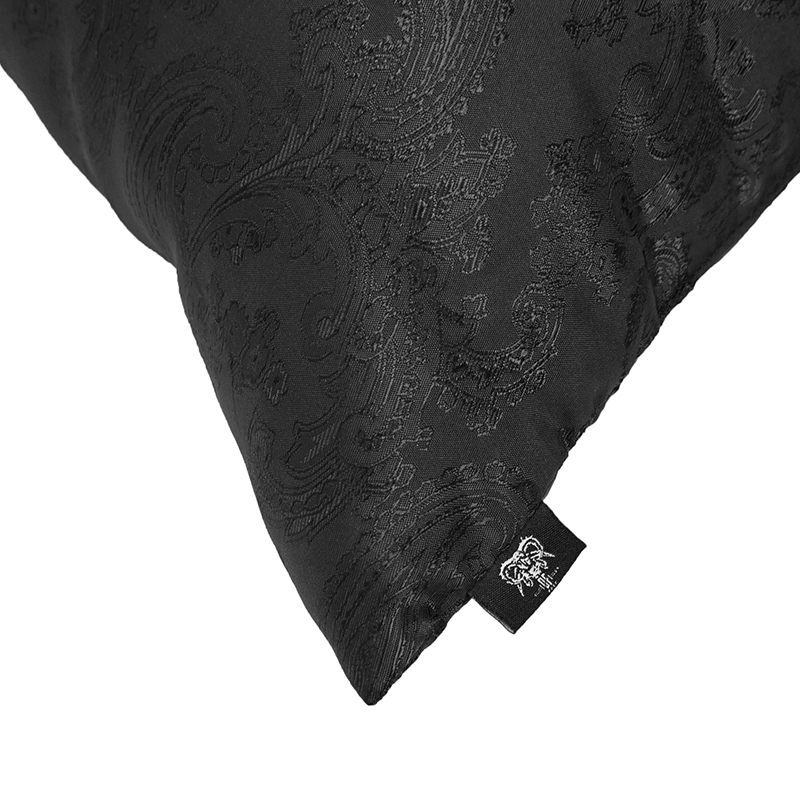 Black satin pillow featuring an elegant gothic vintage pattern, perfect for stylish home decor.