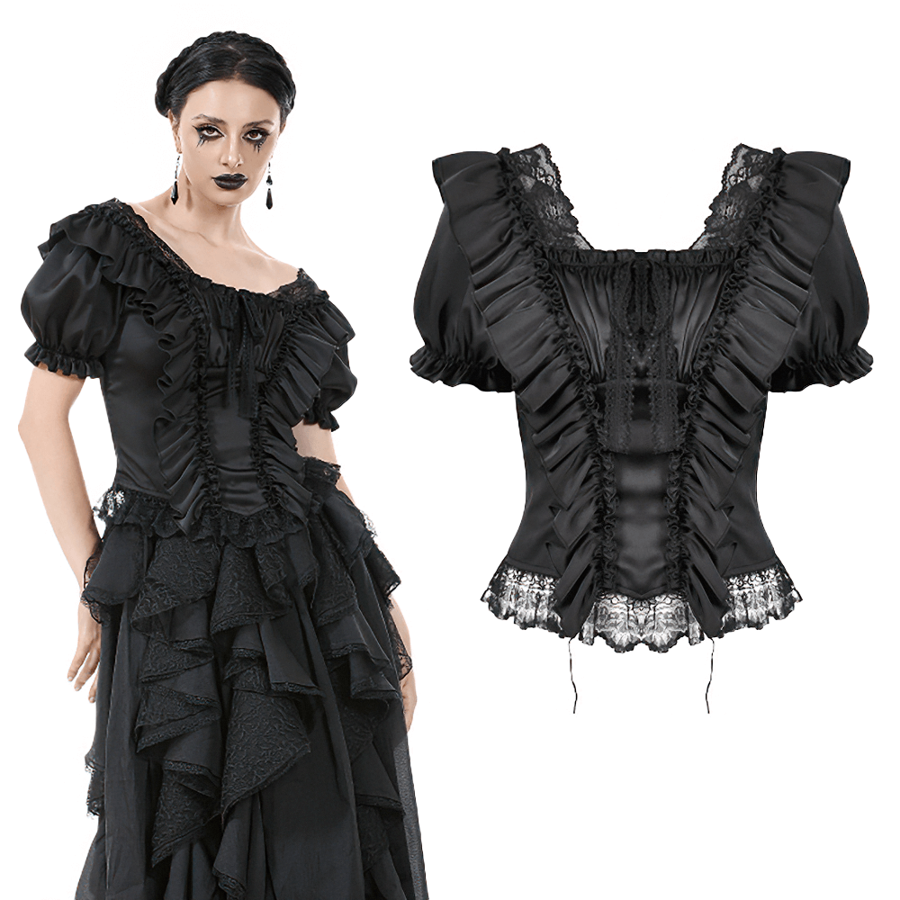 Elegant black satin top with lace ruffles and ribbon details, perfect for a romantic gothic look.