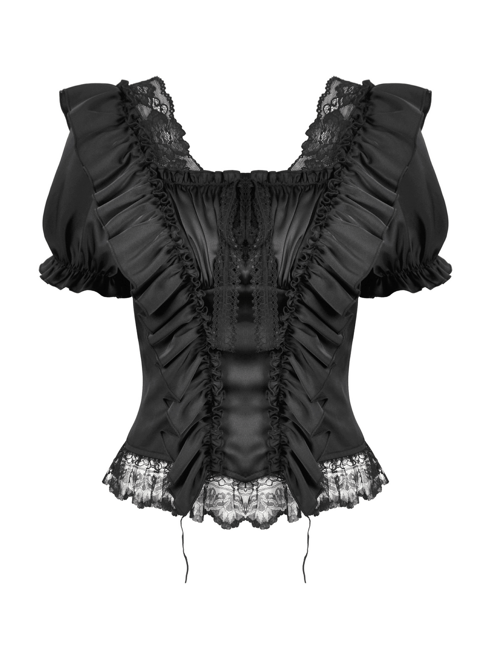 Elegant black satin top with lace ruffles and lace-up back for a dramatic Victorian-inspired look.