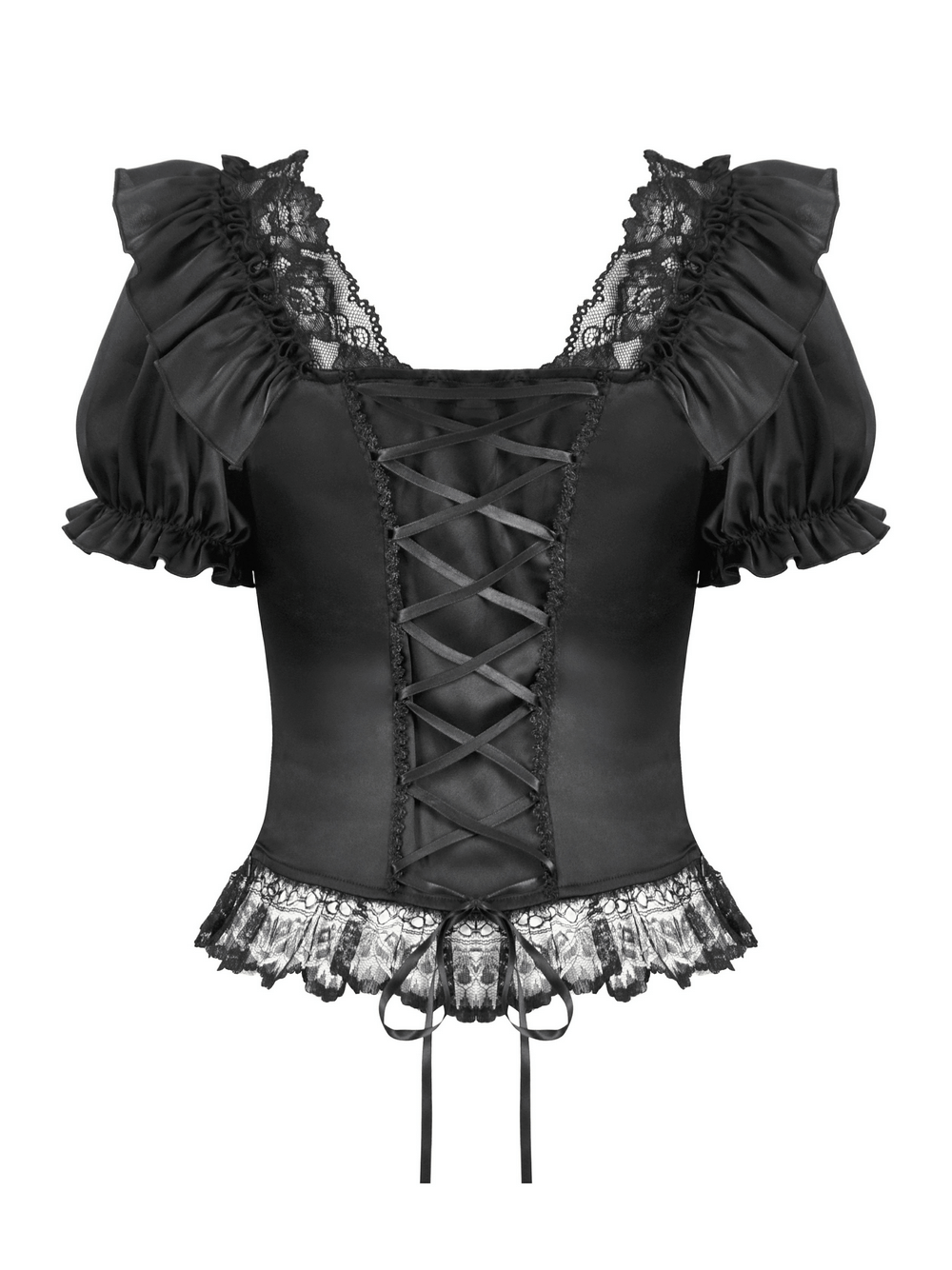Elegant black satin top with lace ruffles and lace-up back, perfect for gothic and Victorian-inspired fashion.
