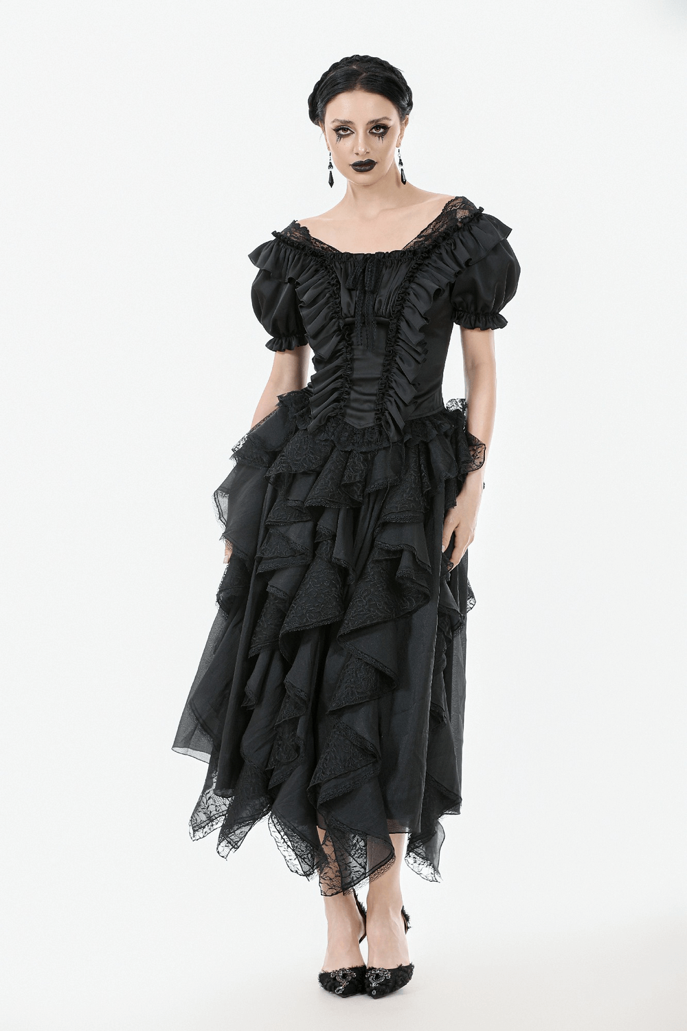 Elegant black satin top with lace ruffles and ribbon detailing for a gothic Victorian fashion style.