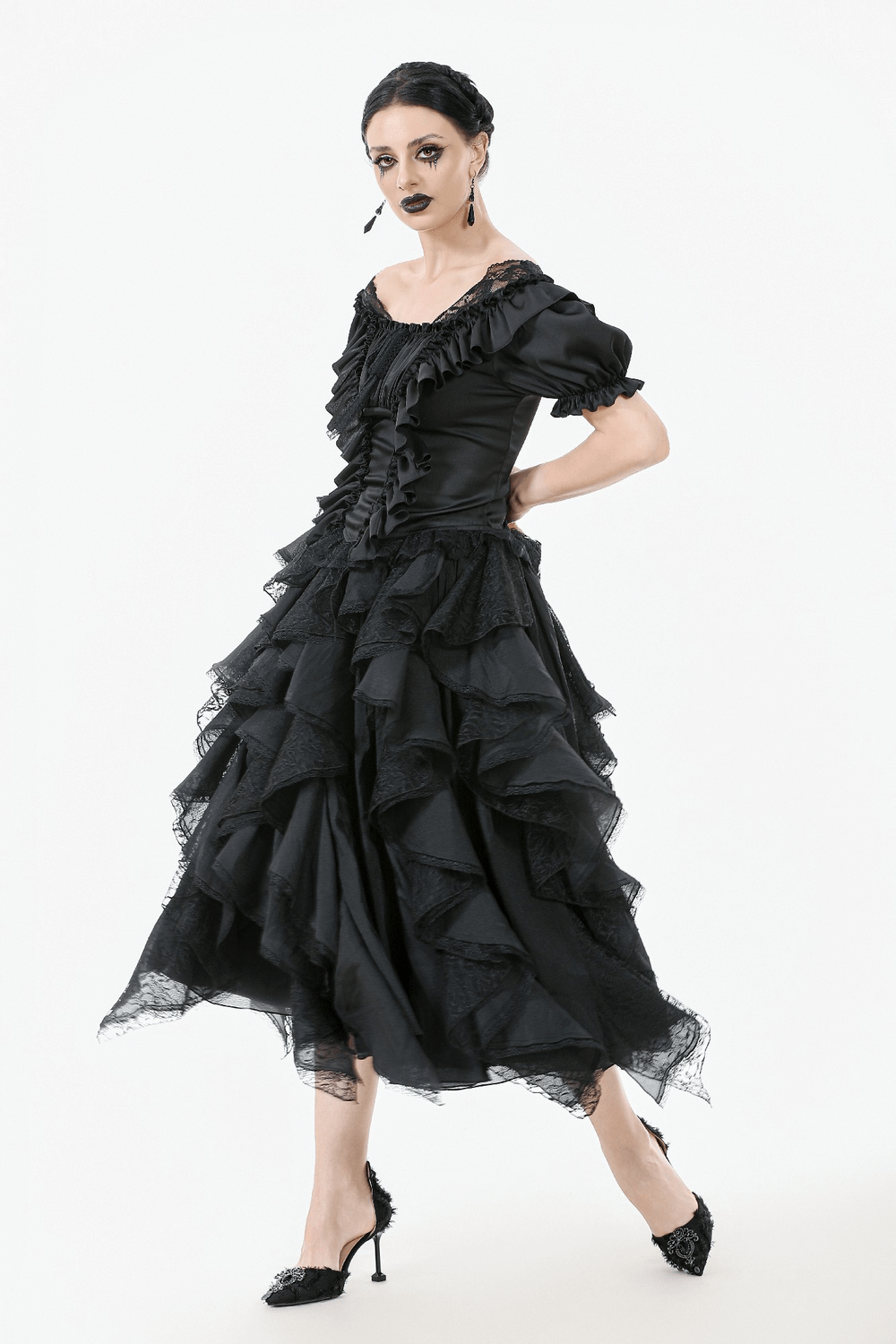 Gothic black satin top featuring lace ruffles, structured fit, and lace-up back for a dramatic Victorian look.