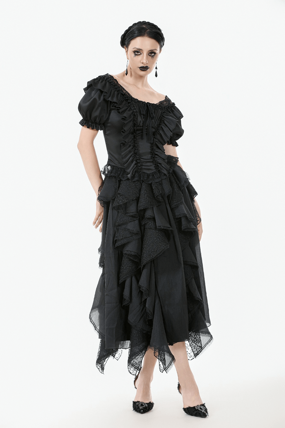 Elegant black satin top with lace ruffles, structured fit, and ribbon detailing for a gothic Victorian look.