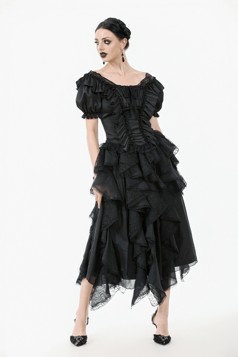 Elegant black satin top with lace ruffles and ribbon detailing for a vintage gothic look.