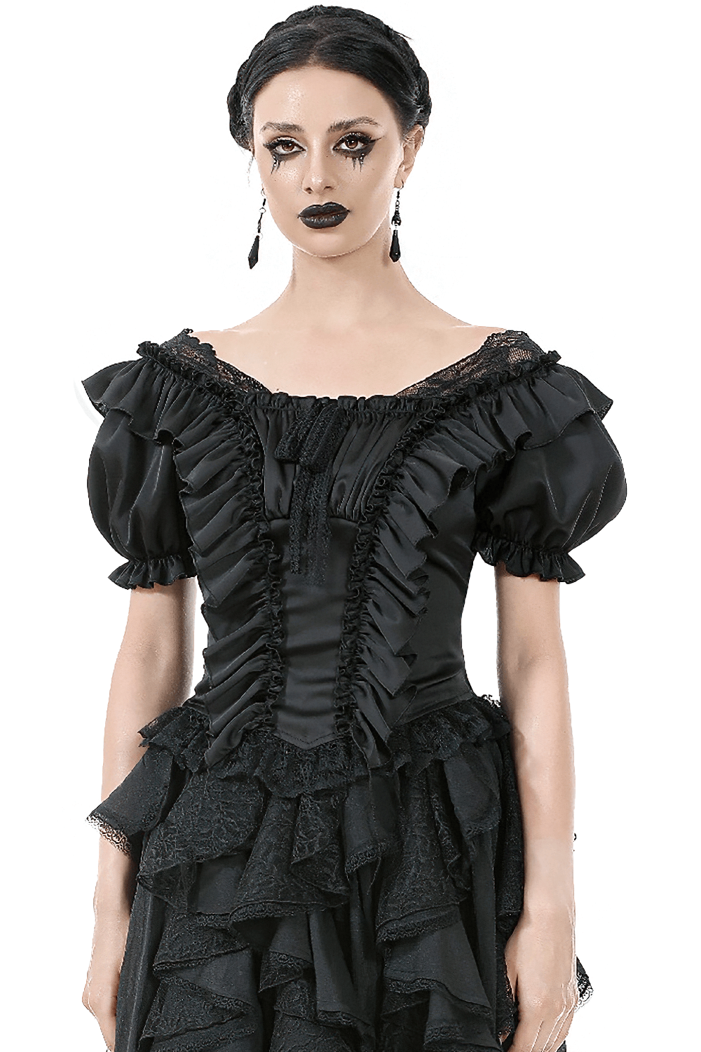 Elegant black satin top with lace ruffles and dramatic puff sleeves for gothic fashion lovers.