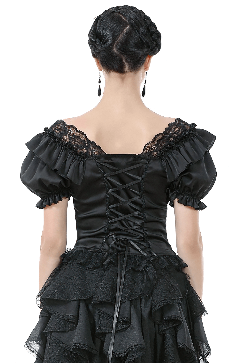 Back view of elegant black satin top with lace ruffles and lace-up detailing, perfect for gothic fashion.