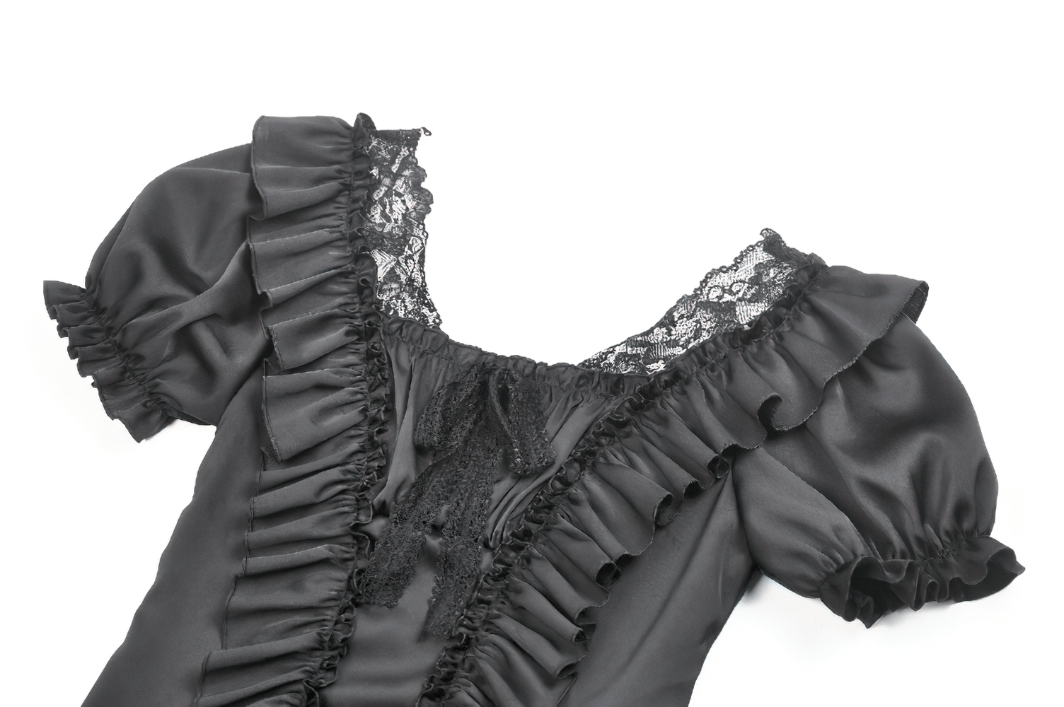 Elegant black satin top with lace ruffles and ribbon detailing, perfect for a gothic Victorian-inspired look.
