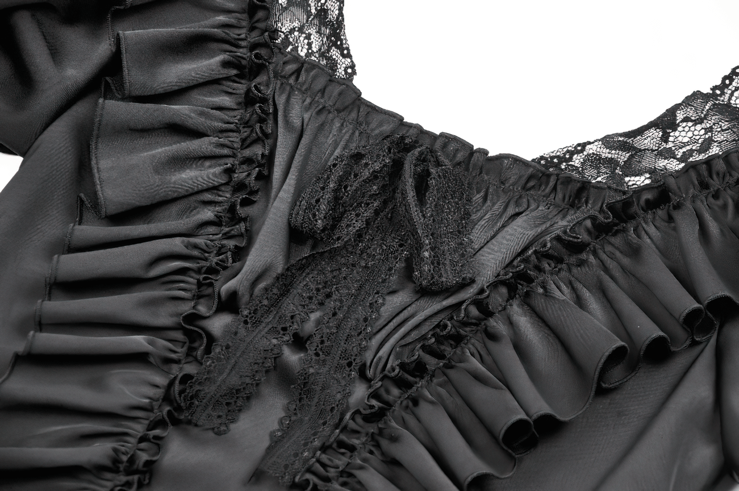Elegant black satin top featuring lace ruffles and ribbon detailing for a Victorian gothic fashion statement.