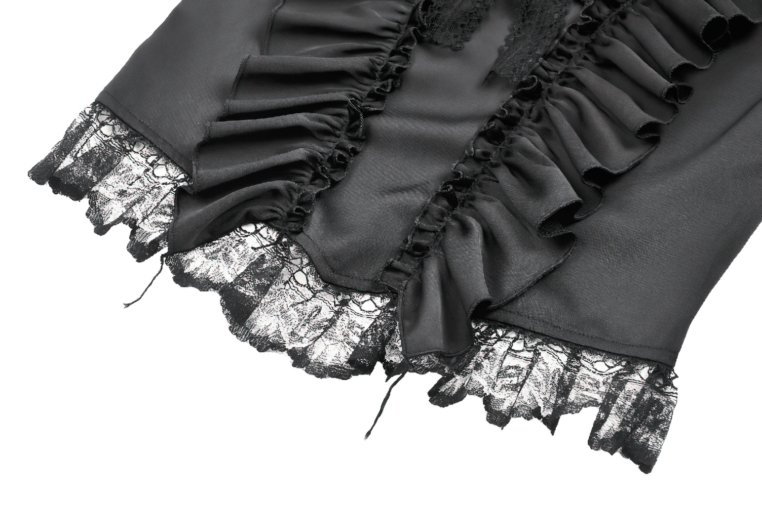 Close-up of a black satin top featuring intricate lace ruffles and ribbon detailing, showcasing its elegant Victorian style.