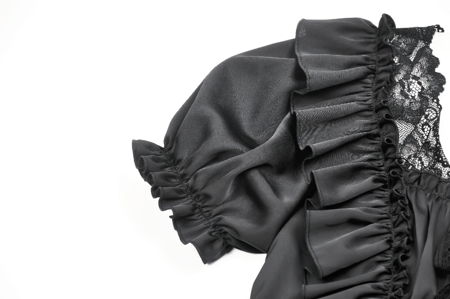 Black satin top with lace ruffles and ribbon detailing, showcasing elegant Victorian style and dramatic flair.