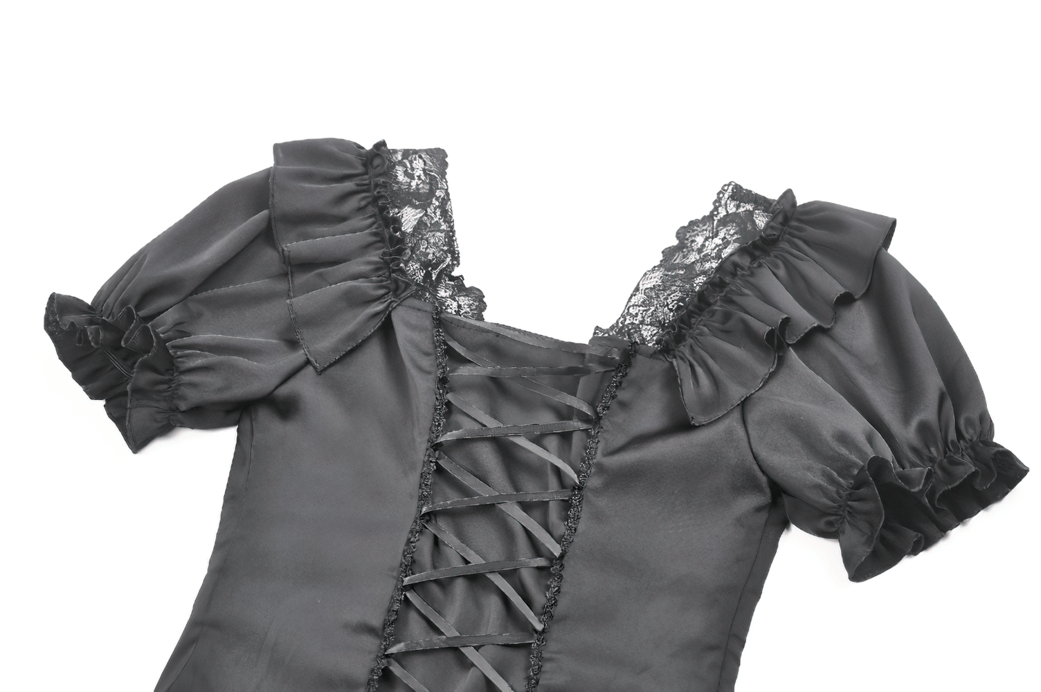 Elegant black satin top with lace ruffles and lace-up back, perfect for a romantic gothic style.