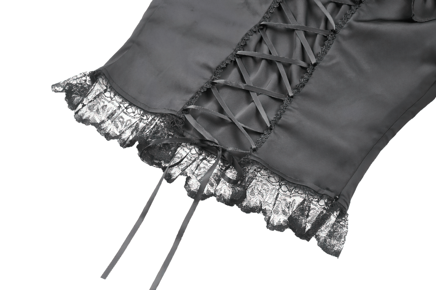 Close-up of a black satin top featuring lace ruffles and a lace-up back, perfect for a Victorian-inspired outfit.