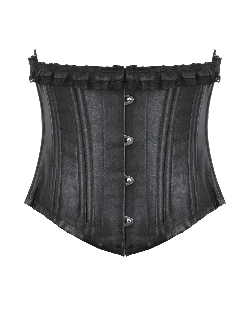 Black Satin Underbust Corset with Front Busk Closure featuring sculpted panels and ruffle trim for gothic style.