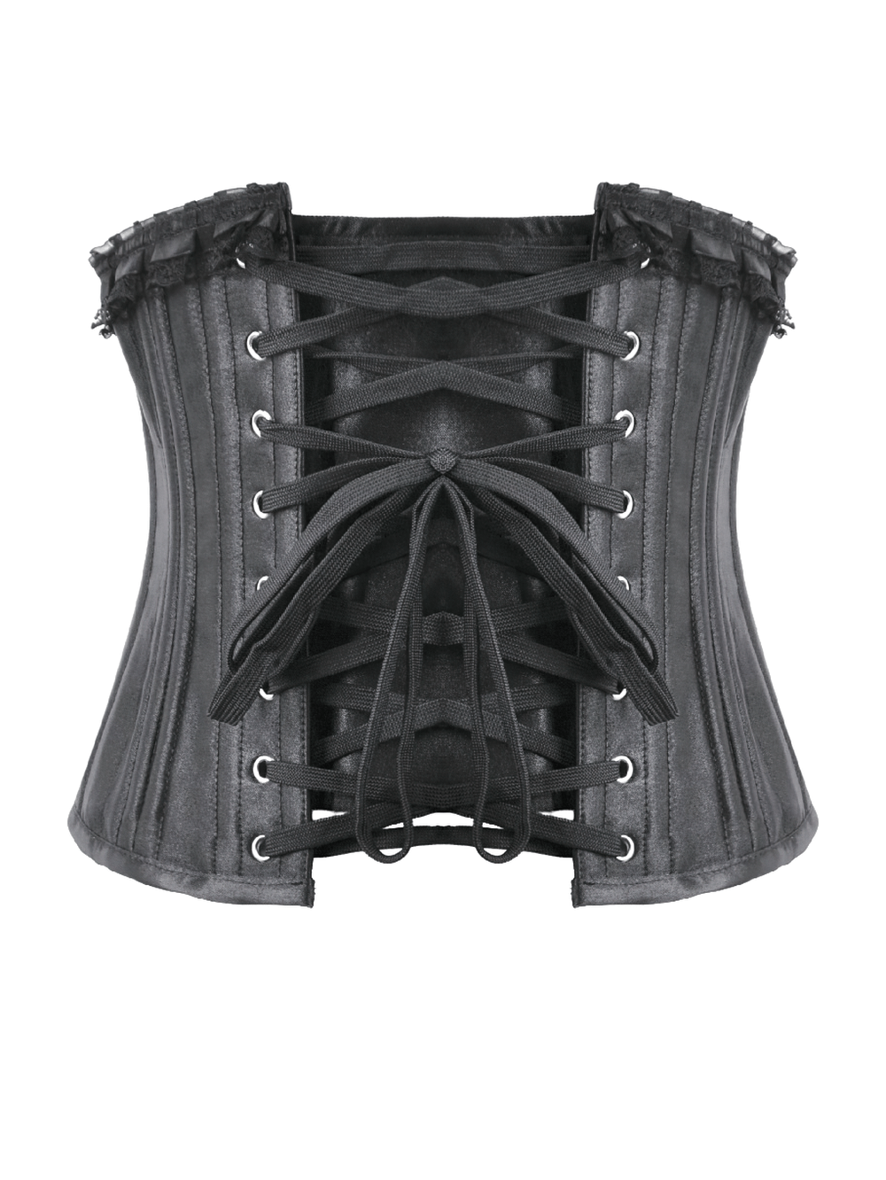 Black Satin Underbust Corset with Front Busk Closure showcasing a gothic lace-up design and ruffle trim for dark romance.