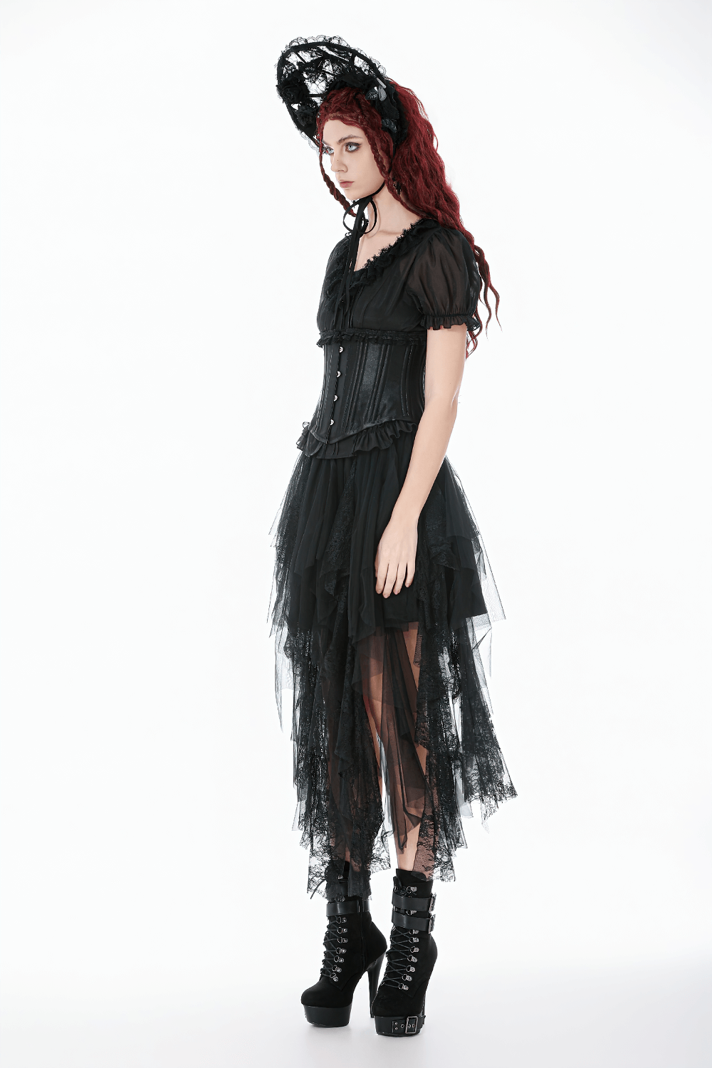 Black Satin Underbust Corset with Front Busk Closure worn with gothic attire for a dramatic look.