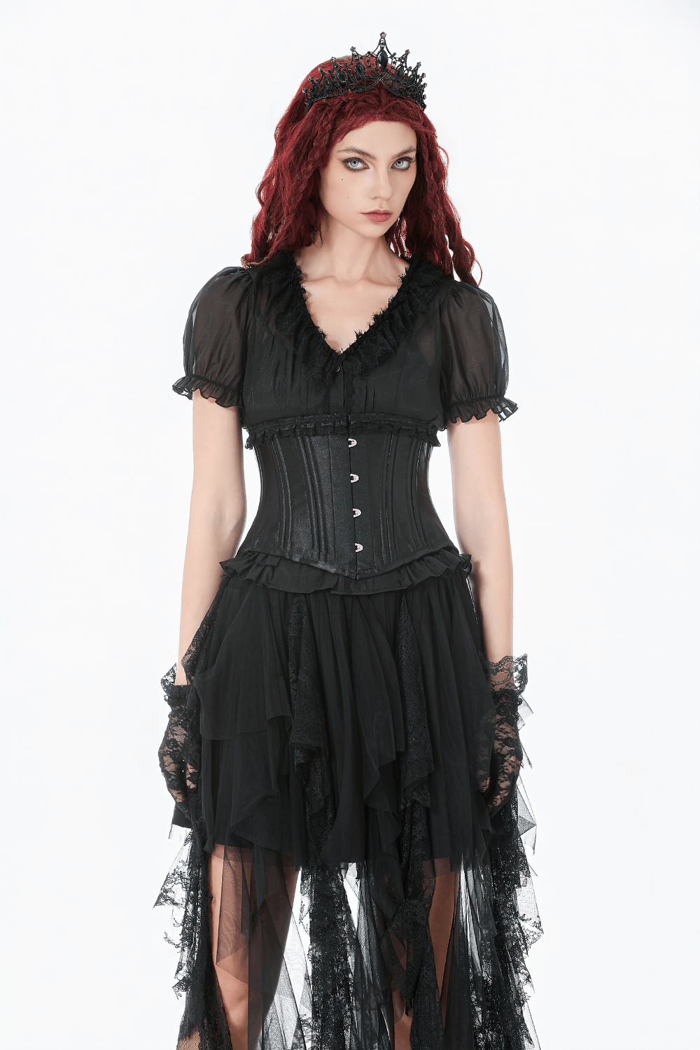Black Satin Underbust Corset with Front Busk Closure worn by model, featuring gothic styling and ruffle details.