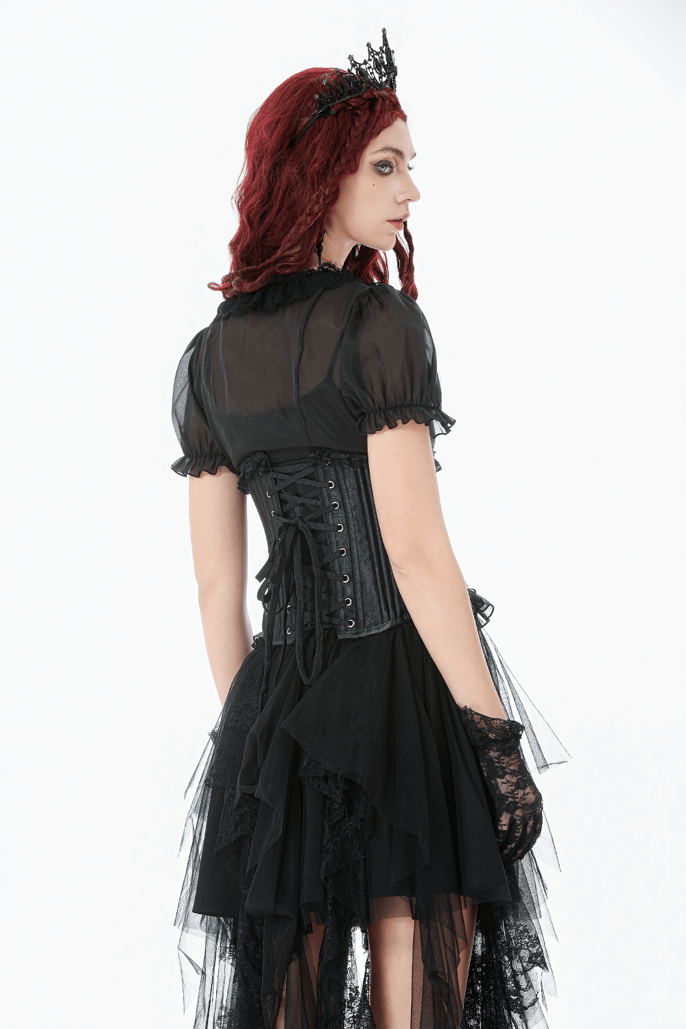 Black Satin Underbust Corset with Front Busk Closure showcased on a model, featuring lace-up back detail and ruffled trim.