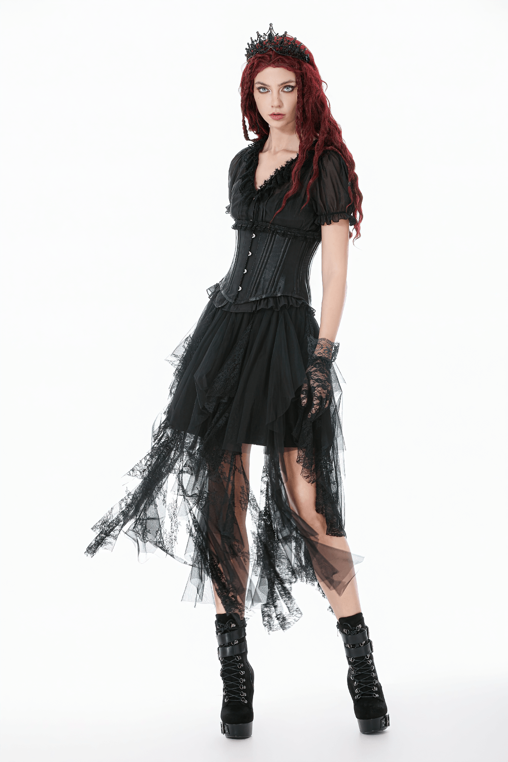 Black Satin Underbust Corset with Front Busk Closure with a gothic outfit and dramatic flair