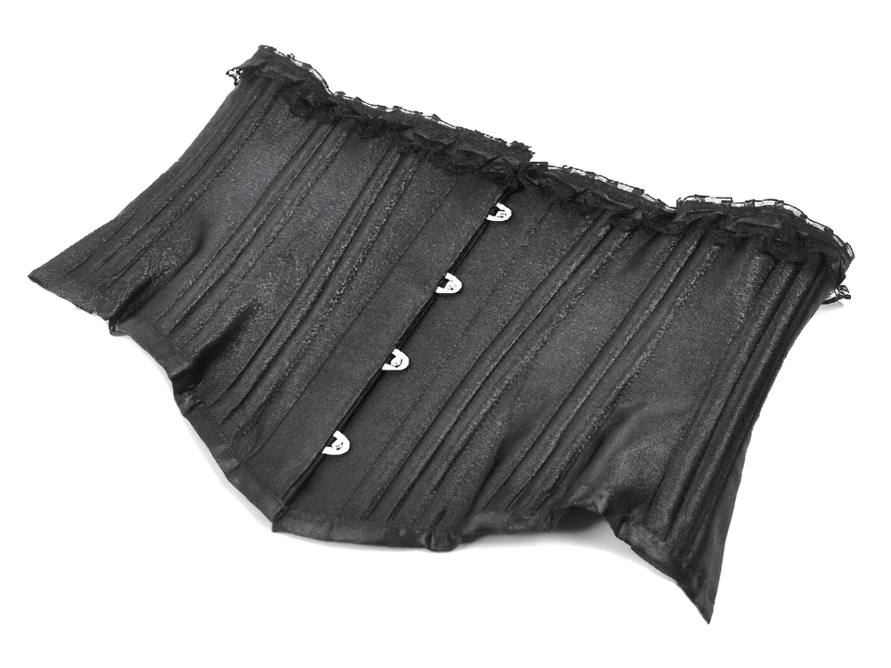 Black Satin Underbust Corset with Front Busk Closure showcasing elegant design and lace trim details.