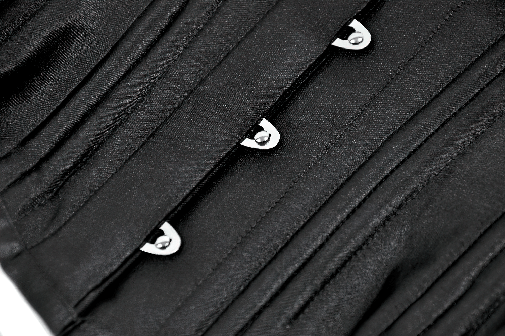 Close-up of a Black Satin Underbust Corset with Front Busk Closure, showcasing sleek satin fabric and busk fasteners.