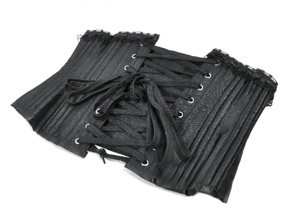Black Satin Underbust Corset with Front Busk Closure elegantly showcasing lace-up design and ruffle trim for gothic allure.
