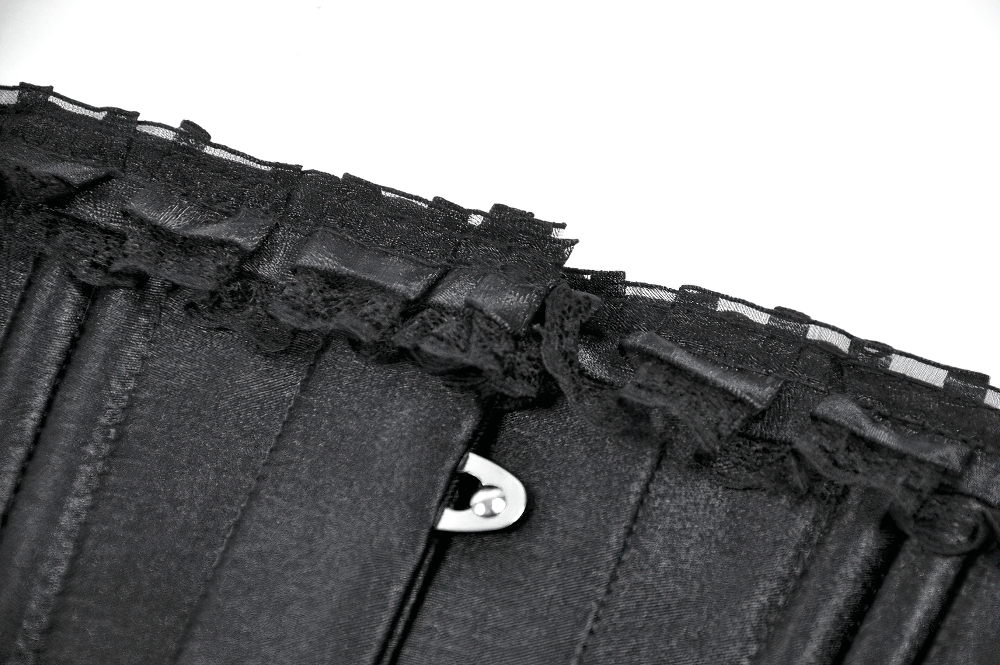 Detail of Black Satin Underbust Corset with Front Busk Closure, featuring ruffle trim and sculpted panels.