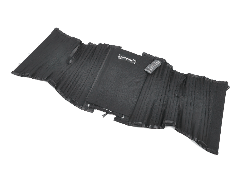 Black Satin Underbust Corset with Front Busk Closure laying flat, showing sculpted panels and vertical boning.