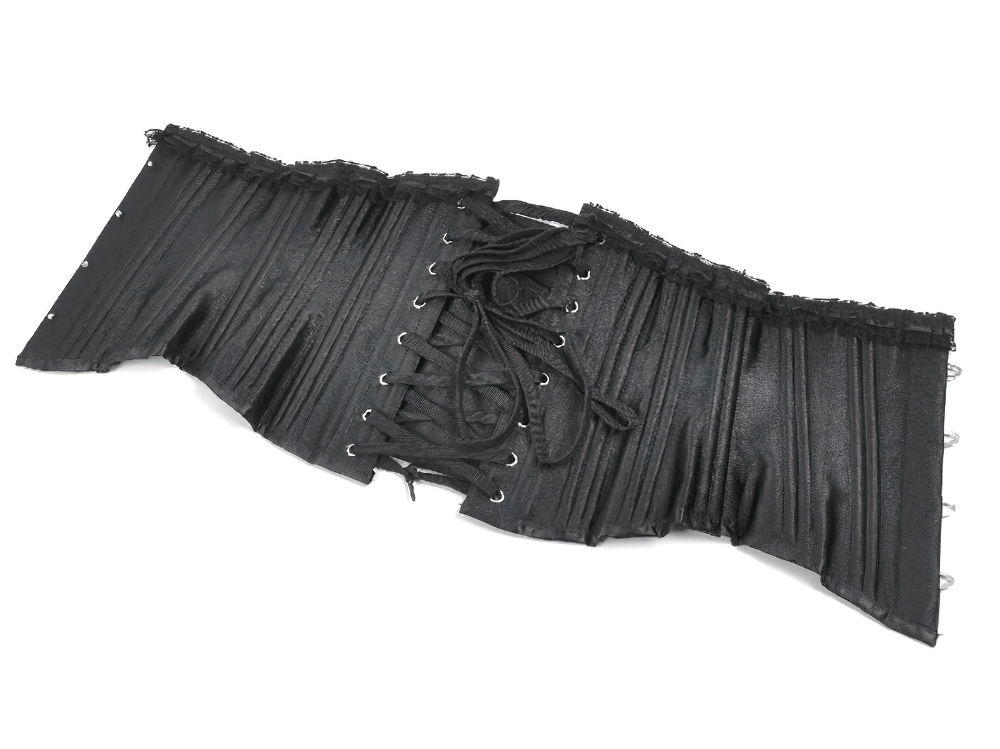 Black Satin Underbust Corset with Front Busk Closure showcasing lace-up back and ruffle trim for gothic style.