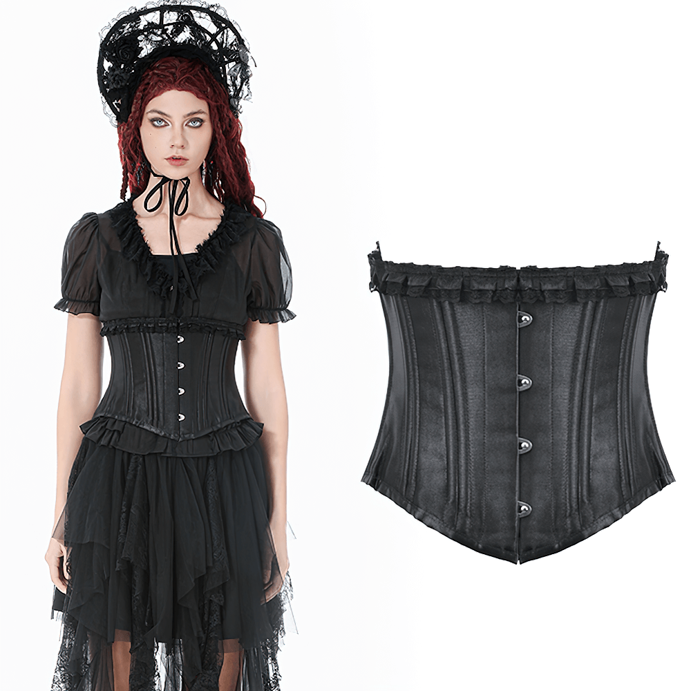 Black Satin Underbust Corset with Front Busk Closure in gothic style, featuring ruffle trim and lace-up details.