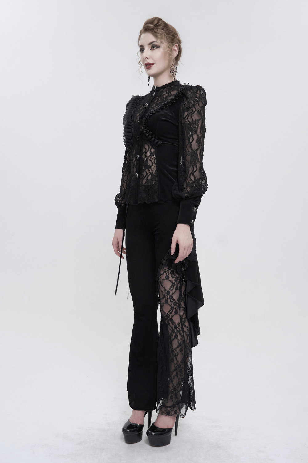Gothic black velvet blouse with lace ruffled sleeves, perfect for a sexy, stylish women's wardrobe.