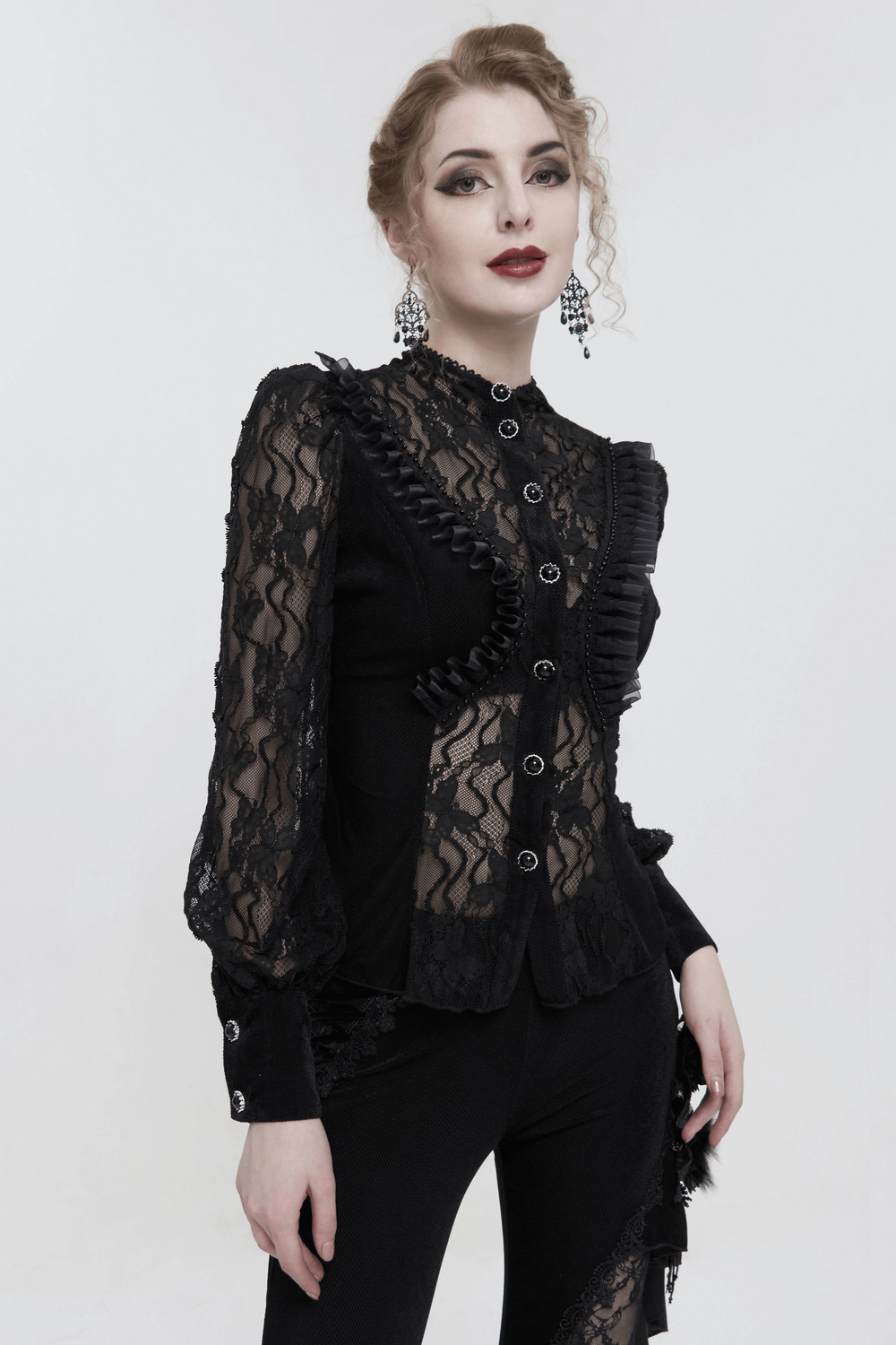 Elegant black lace ruffle blouse with long sleeves, a gothic style perfect for women seeking a sexy, chic look.