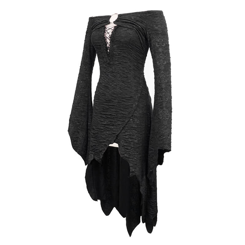 Elegant black off-shoulder gothic dress with flared sleeves and asymmetrical high-low hem.