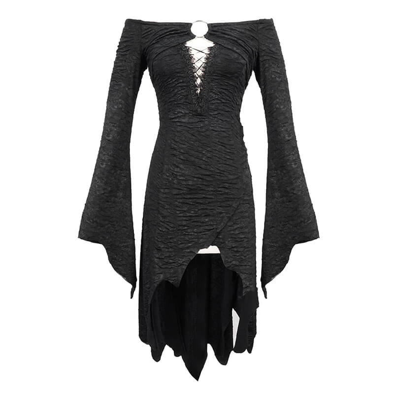 Elegant black off-the-shoulder gothic dress with irregular hem and flared sleeves, perfect for a stylish look.