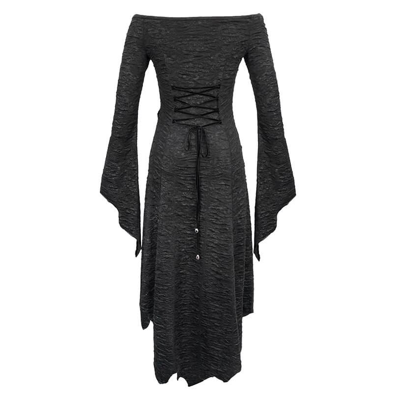 Elegant black off-the-shoulder gothic dress with long flared sleeves and asymmetrical cut.