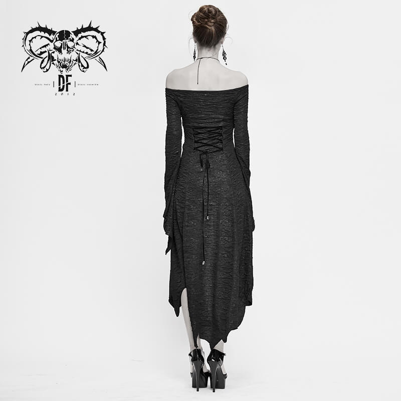 Elegant black off-the-shoulder gothic dress with long flared sleeves and asymmetrical hemline.