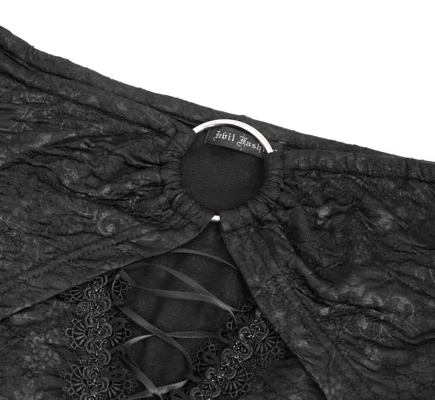 Close-up of the elegant black gothic dress with intricate lace and flared sleeves, showcasing luxurious fabric details.